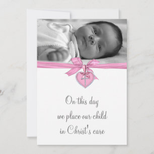 Weiße rosa Kreuz Baby Mädchen Foto Taufe Einladung