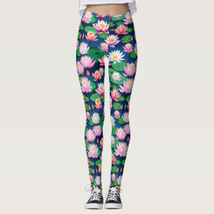 Weiße rosa Lotus-Seerosenblüten und grüne Blätter Leggings