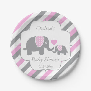 Weiße, rosa u. graue Streifen-Elefant-Babyparty Pappteller