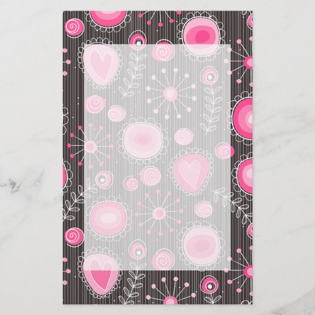 Weiße, rosa und blaue Herzen und Blume blühend Briefpapier (Vorderseite)