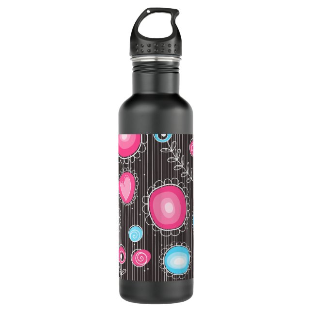 Weiße, rosa und blaue Herzen und Blume blühend Edelstahlflasche (Vorderseite)