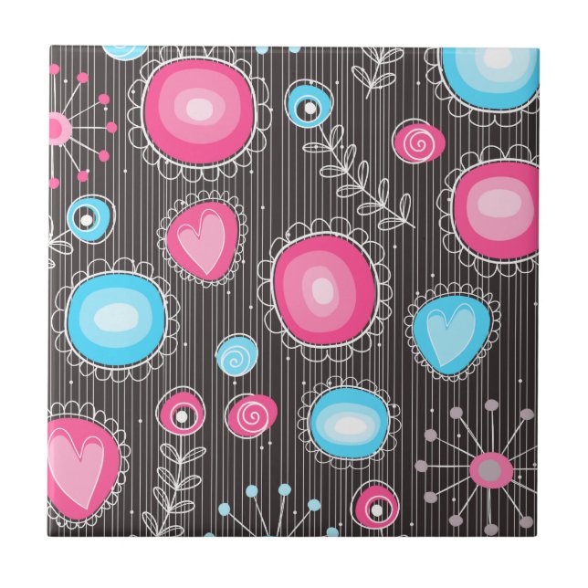 Weiße, rosa und blaue Herzen und Blume blühend Fliese (Vorderseite)