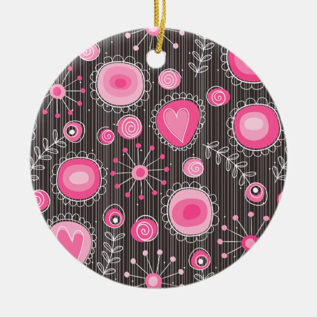 Weiße, rosa und blaue Herzen und Blume blühend Keramikornament (Vorne)