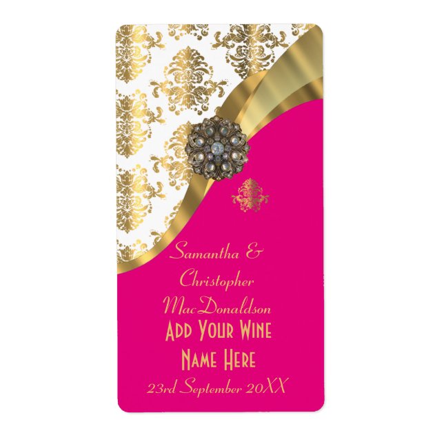 Weiße, rosa und goldene Damast Hochzeitsweinflasch (Vorne)