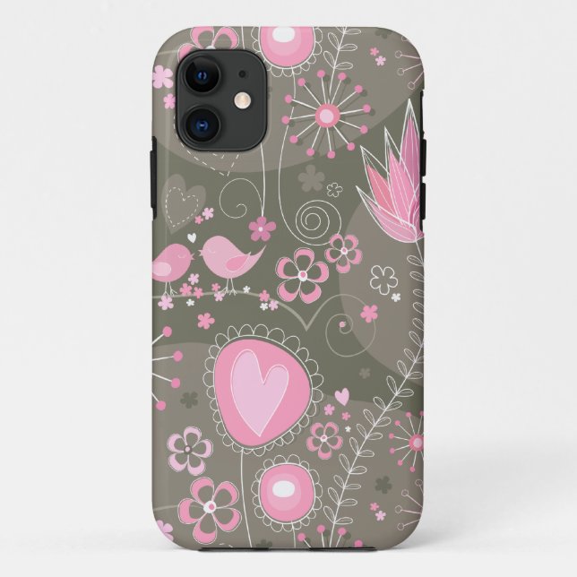 Weiße rosa und graue Herzen, Vögel und Blume Case-Mate iPhone Hülle (Rückseite)