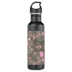 Weiße rosa und graue Herzen, Vögel und Blume Edelstahlflasche