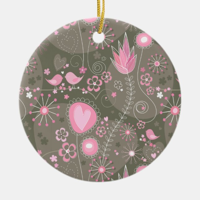 Weiße rosa und graue Herzen, Vögel und Blume Keramikornament (Vorne)