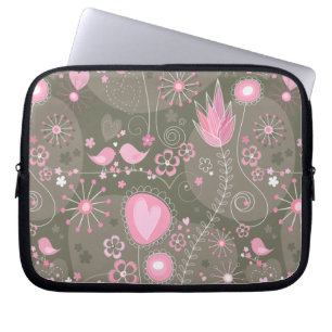 Weiße rosa und graue Herzen, Vögel und Blume Laptopschutzhülle