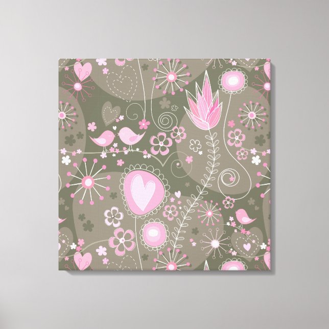 Weiße rosa und graue Herzen, Vögel und Blume Leinwanddruck (Vorderseite)