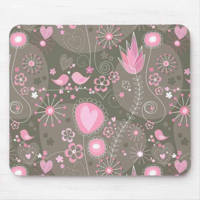 Weiße rosa und graue Herzen, Vögel und Blume Mousepad (Vorne)