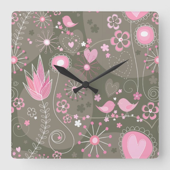 Weiße rosa und graue Herzen, Vögel und Blume Quadratische Wanduhr (Vorderseite)