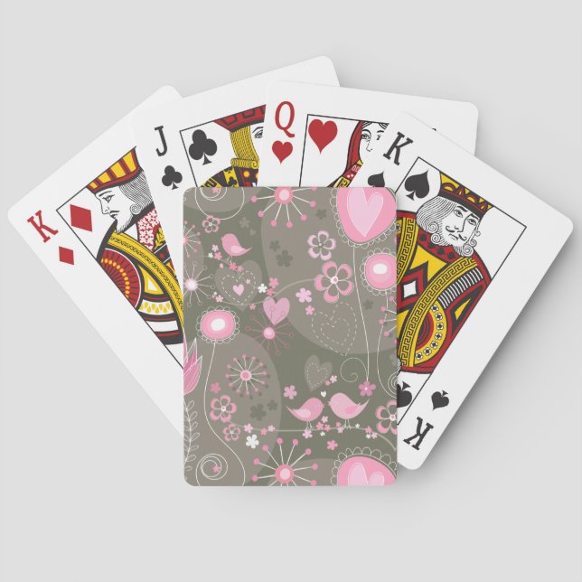 Weiße rosa und graue Herzen, Vögel und Blume Spielkarten (Rückseite)
