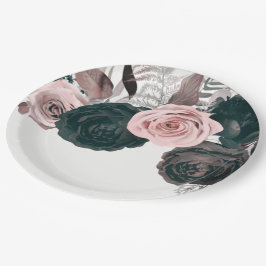 Weiße rosa und schwarze Blumengrün Weiße Hochzeit Pappteller