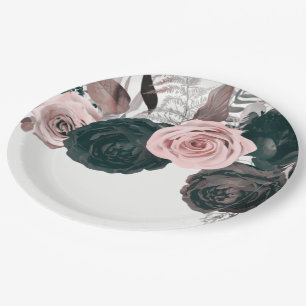 Weiße rosa und schwarze Blumengrün Weiße Hochzeit Pappteller