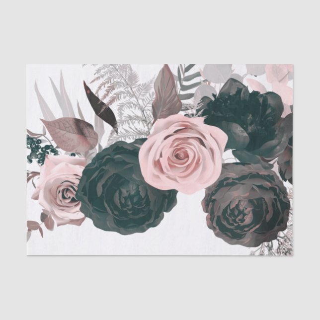 Weiße rosa und schwarze Blumengrün Weiße Hochzeit Seidenpapier (Vorderseite)
