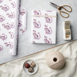 Weiße rosa violette Herzen Florale Katzen-Geburtst Geschenkpapier