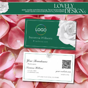 Weiße Rose auf Grün mit Logo und QR-Code liebevoll Visitenkarte