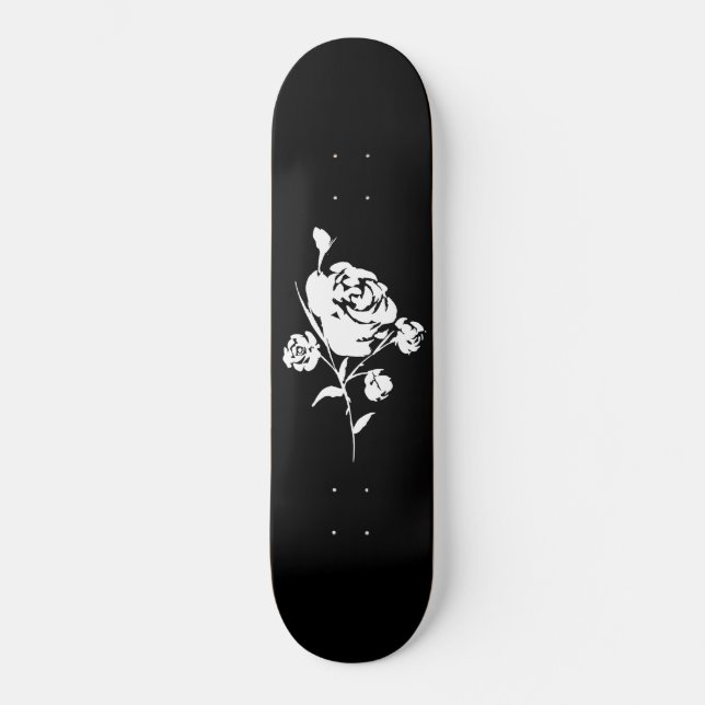 Weiße Rose auf Schwarz Skateboard (Vorderseite)
