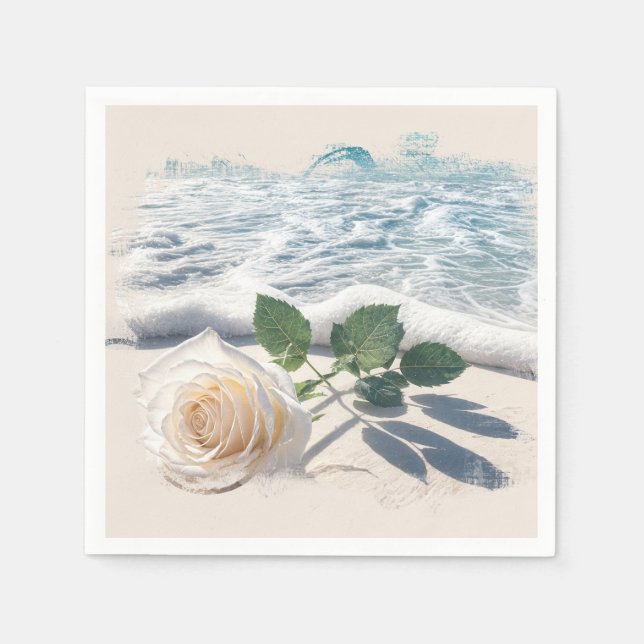 Weiße Rose auf Strand Sand  Serviette (Vorderseite)