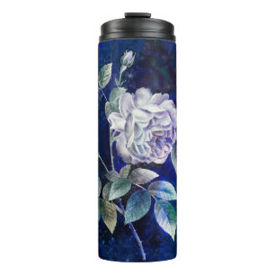 Weiße Rose auf texturiertem blauen-Marinegrund Thermosbecher