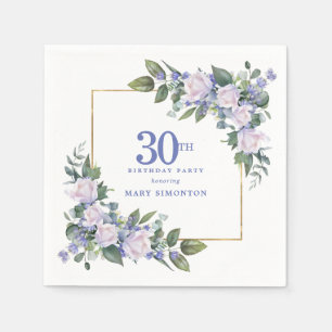 Weiße Rose Blaue Blumen 30. Geburtstagsfeier Serviette