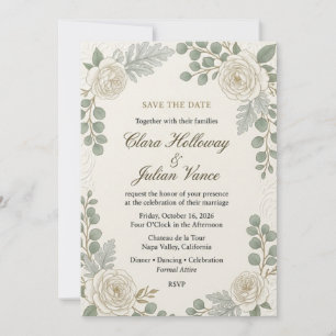 Weiße Rose, Eukalyptus, Dusty Miller, Ornamentale Einladung