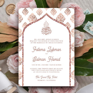 Weiße Rose Gold Damast Bogen Muslimische Hochzeit Einladung
