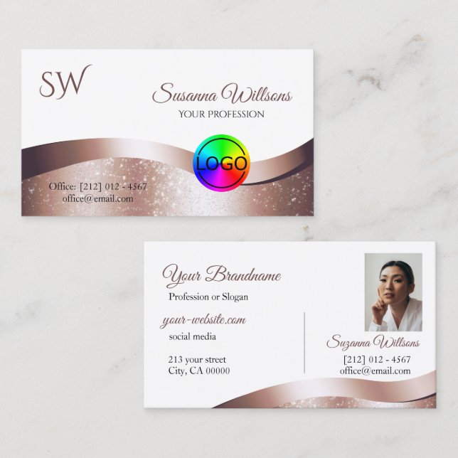 Weiße Rose Gold Decoder Logomonogramm und Foto Visitenkarte (Vorne/Hinten)