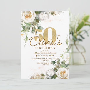 Weiße Rose Gold Elegante Florale 50. Geburtstagsfe Einladung