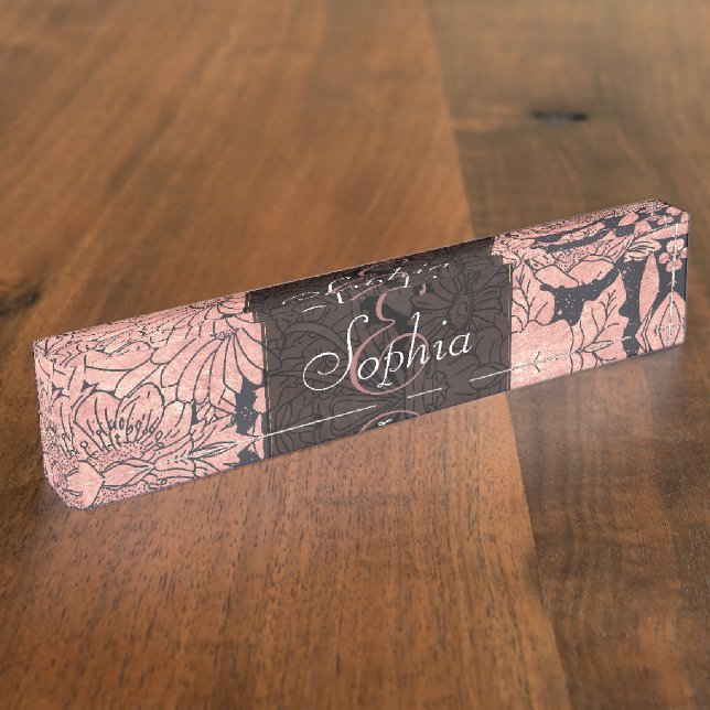 Weiße Rose Gold handgezeichnete Blumenbilder Namensplakette (Seite)