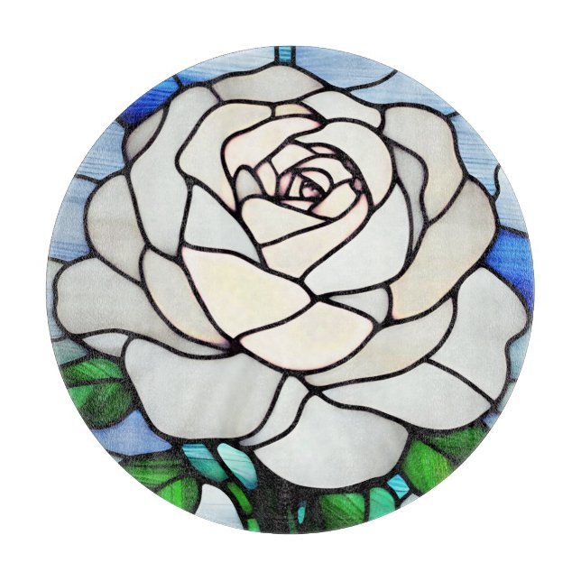 Weiße Rose in Buntglas Schneidebrett (Vorderseite)