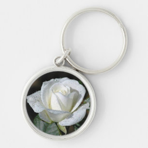 Weiße Rose mit Tau Schlüsselanhänger