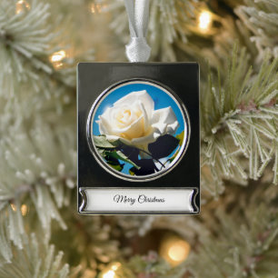 Weiße Rose - Personalisiertes Leben Banner-Ornament Silber
