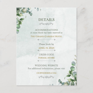 Weiße Rose & Salbeigrüne Hochzeitsdetails Karte