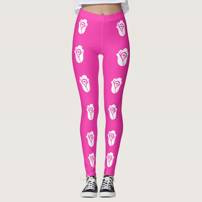 Weiße Rose über rosa Muster Leggings (Vorderseite)