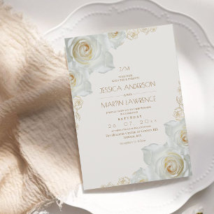 Weiße Rose und goldene Blumen Elegante Hochzeit Einladung