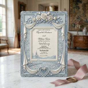Weiße Rose und staubblaue Creme-Romantik-Hochzeit Einladung