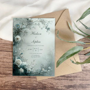Weiße Rose und staubblauer Nebel Winterhochzeit Einladung