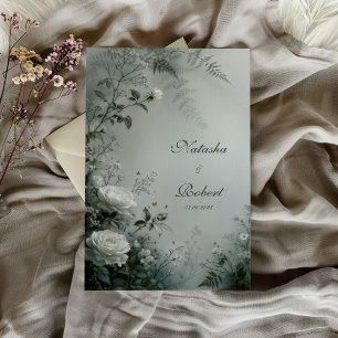 Weiße Rose und staubgrauer Farn Winterhochzeit Einladung