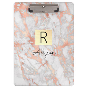 Weiße & Roségold-Marmor-Goldbox, Name & Monogramm Klemmbrett