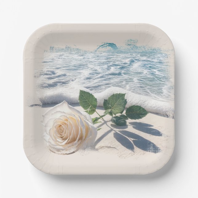 Weiße Rosen am Strand Sand Pappteller (Vorderseite)
