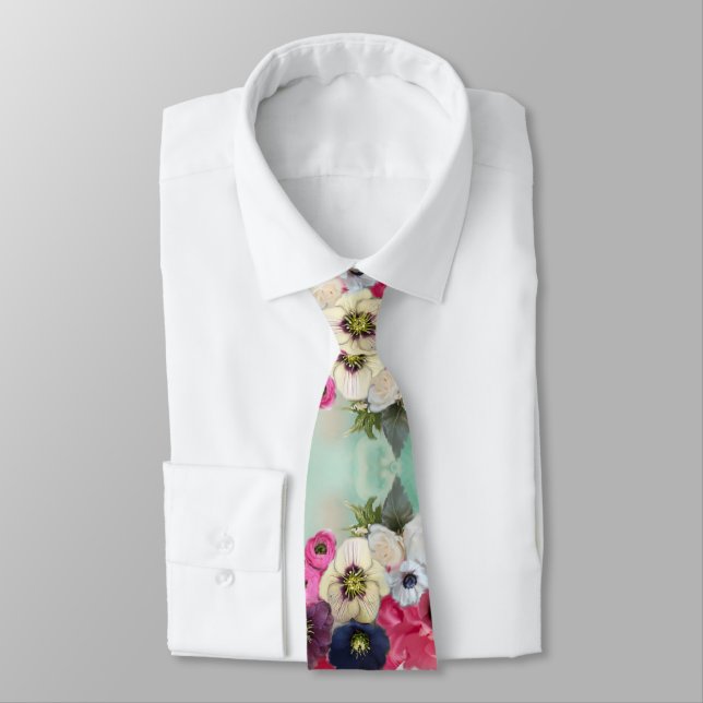 WEISSE ROSEN, ANEMONEN-BLUME, AQUA-BLAU-FLUSS KRAWATTE (Gebunden)