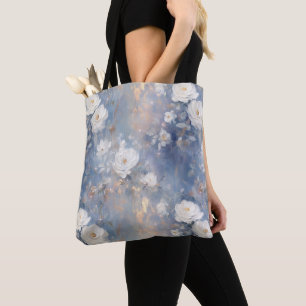 Weiße Rosen auf blauem Hintergrund Öl Paint Style Tasche