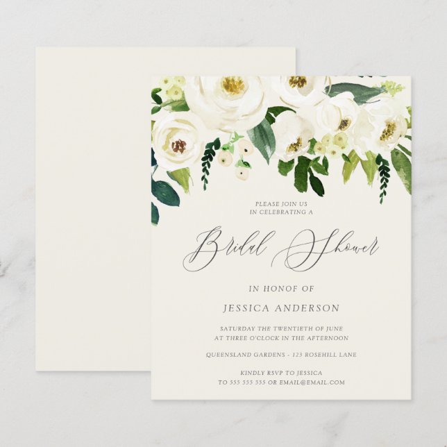 Weiße Rosen auf einem Budget Bridal Dusche Einladu (Vorne/Hinten)