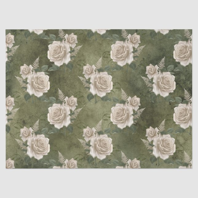 Weiße Rosen auf grünem Dekoupage Seidenpapier (Vorderseite)