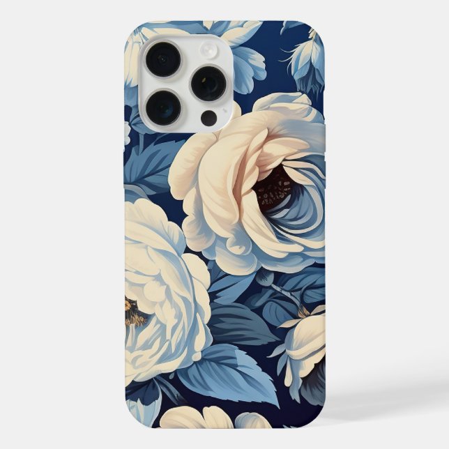 Weiße Rosen auf Indigoblau Hintergrund iPhone 15 Pro Max Hülle (Rückseite)