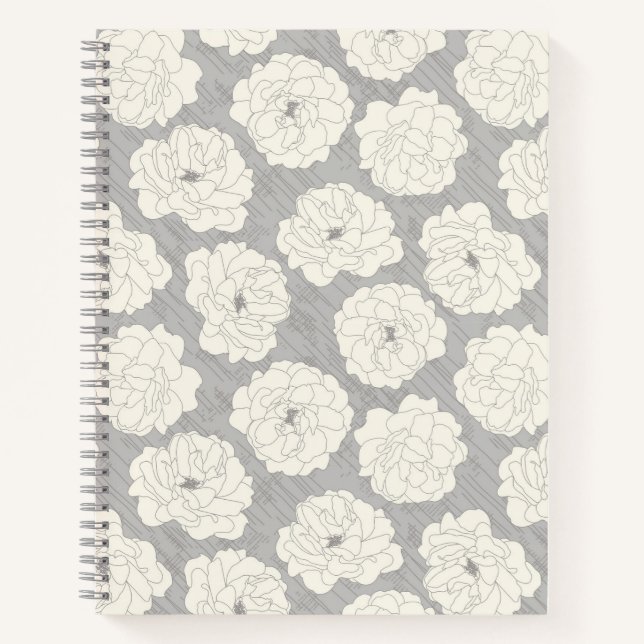 Weiße Rosen auf Light Gray - nahtloses Muster. Notizbuch (Vorderseite)
