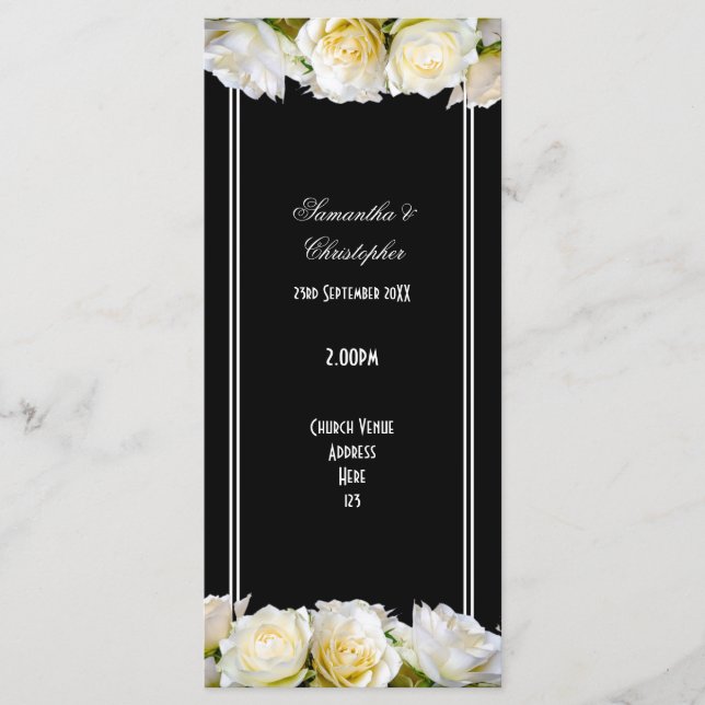 Weiße Rosen auf schwarzem Kirchenhochzeitsprogramm Programm (Vorderseite)
