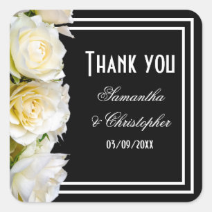 Weiße Rosen auf schwarzen Blumen Hochzeit danke Quadratischer Aufkleber