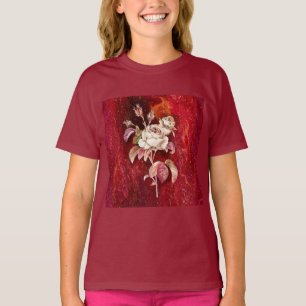 Weiße Rosen auf tiefrotem texturierten Hintergrund T-Shirt